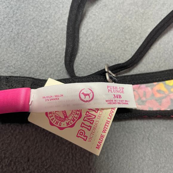 Victoria's Secret PINK Bra 34B Pink Yellow Sequin Plunge Push Up Animal Print - Picture 10 of 11